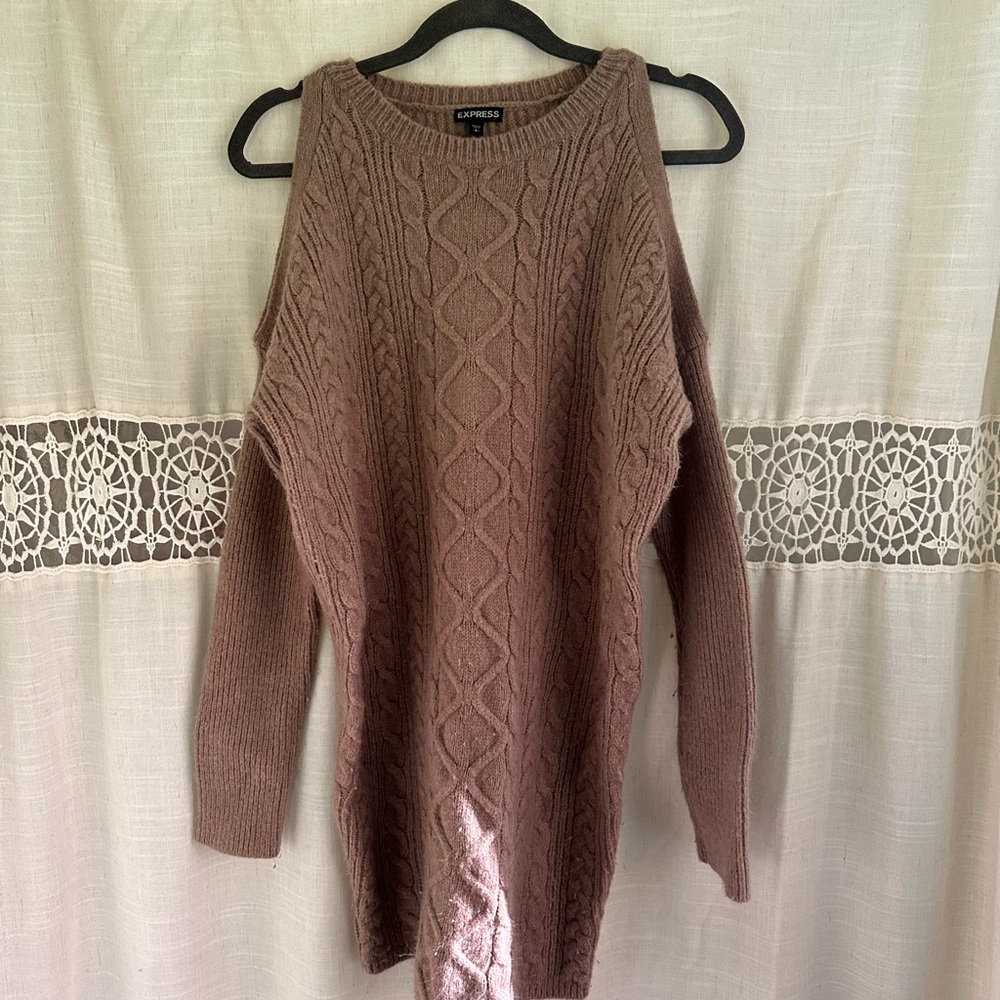 Express Mauve/Brown Cable-Knit Open-Shoulder Long Sweater